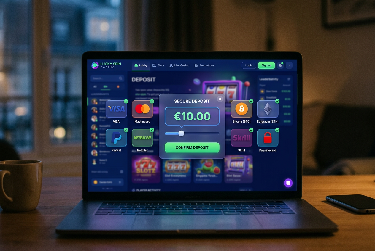 Moderní uživatelské rozhraní online kasina s možností vkladu 10 euro a ikonami platebních metod