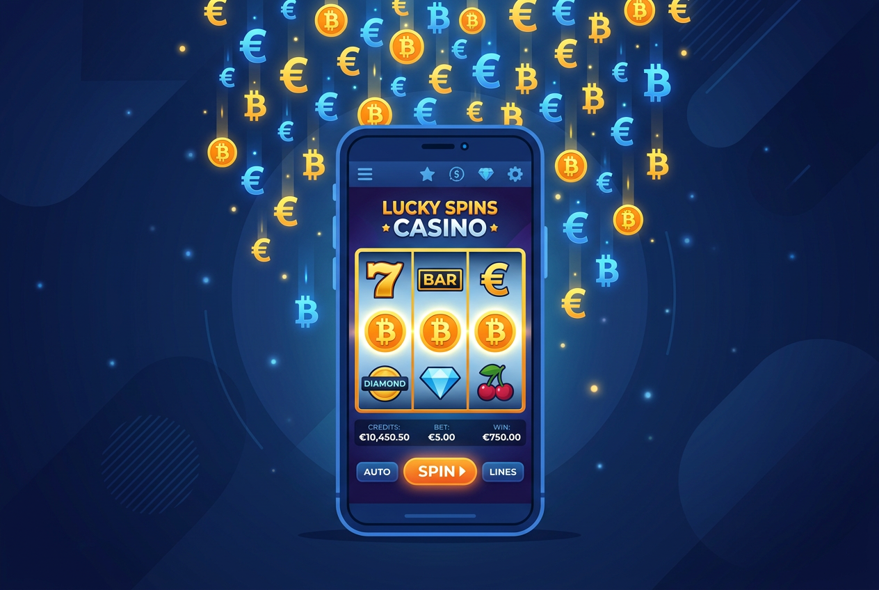 Ilustrace finančních transakcí v kasinu se symboly eura a bitcoinu na smartphonu