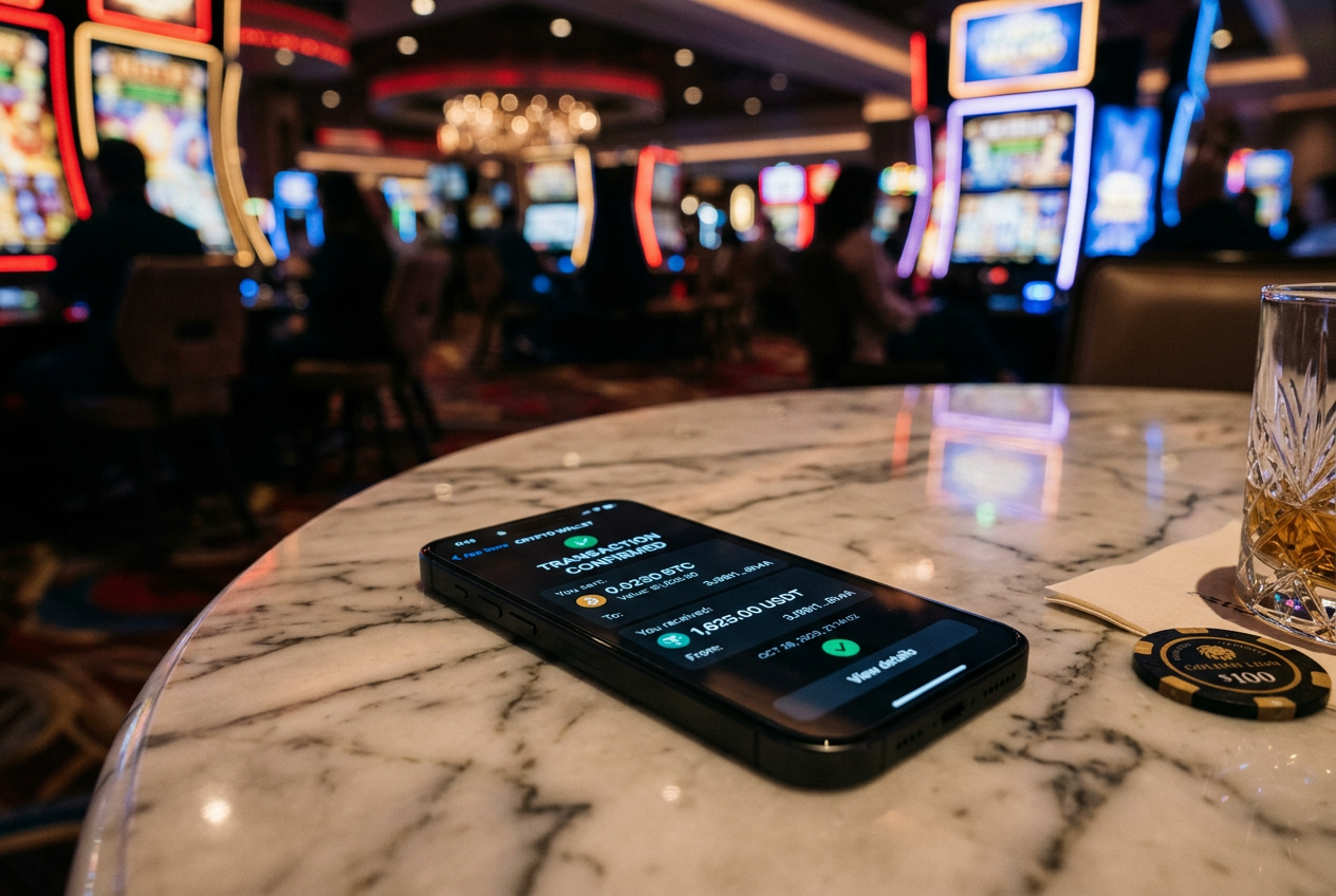 Mobilní telefon s krypto peněženkou u herního stolu v casinu