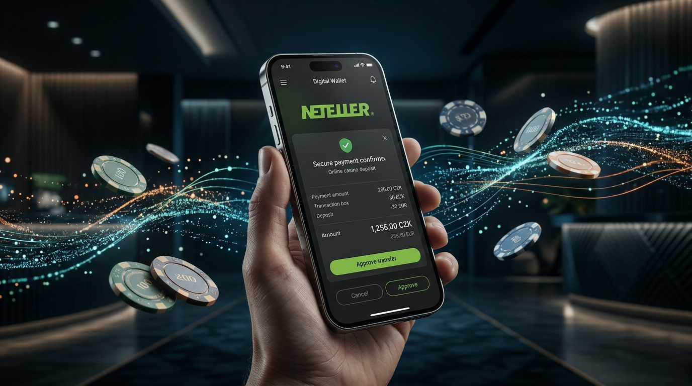 Detail digitální peněženky Neteller na chytrém telefonu v prostředí online kasina.