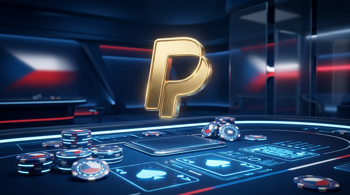 Zlaté logo PayPal nad digitálním kasinovým stolem v roce 2026