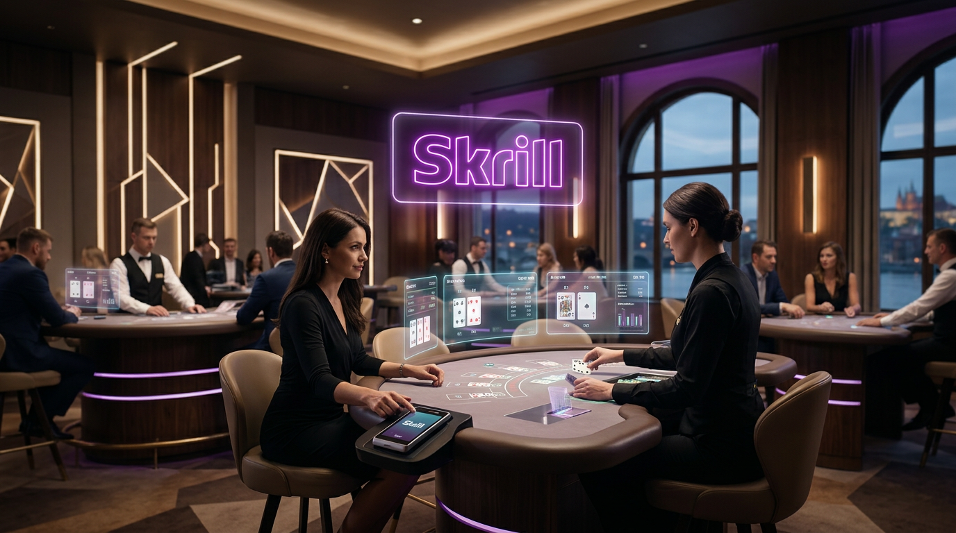 Interiér luxusního online kasina s logem Skrill v roce 2026