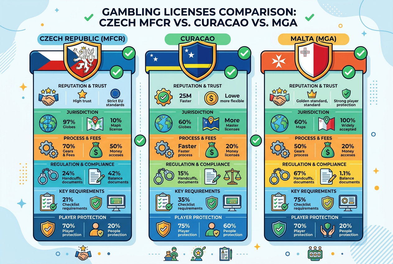 Infografika srovnání licencí hazardních her MFČR vs Curacao a MGA
