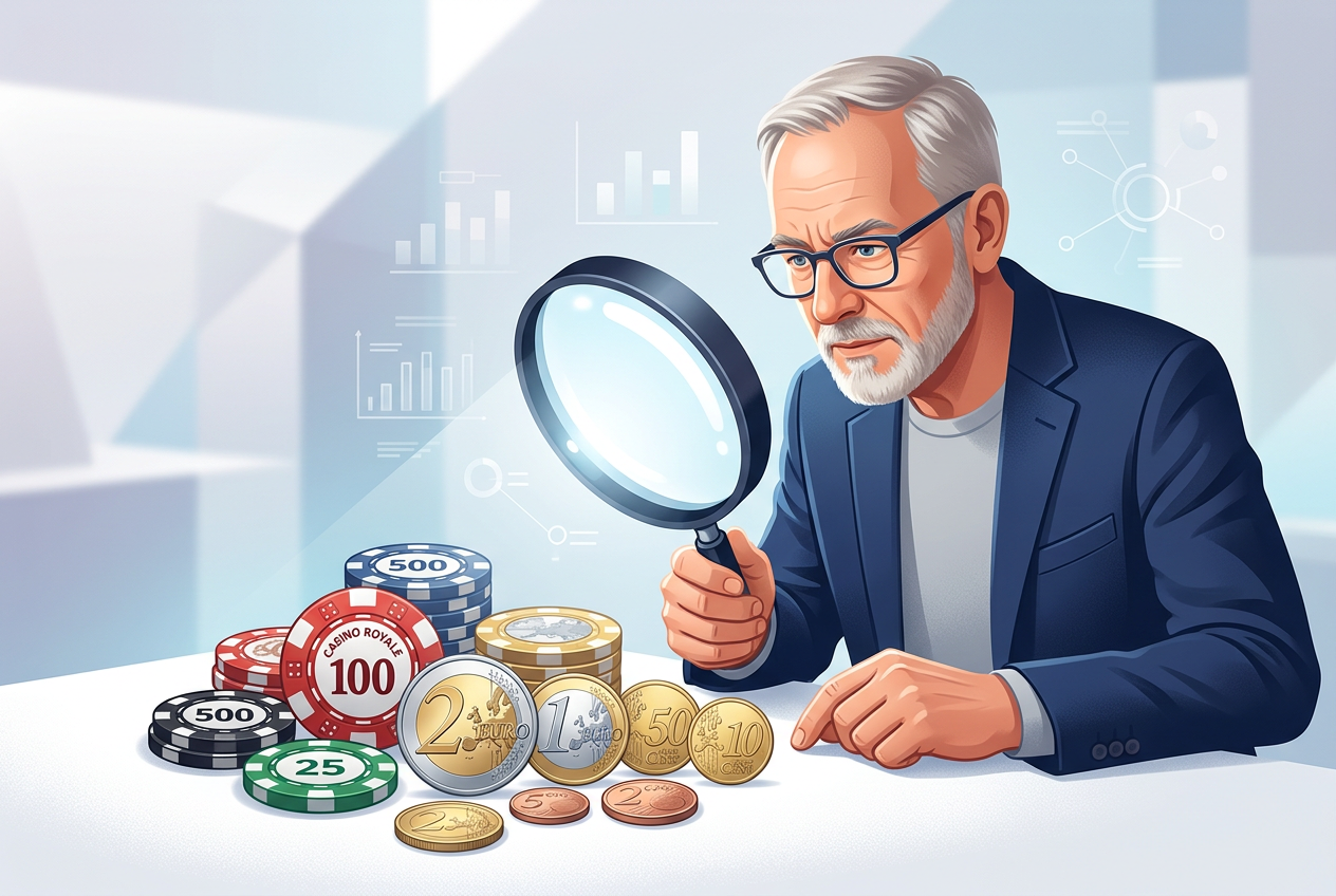 Expert analysis of low deposit online casinos with magnifying glass and euro coins
