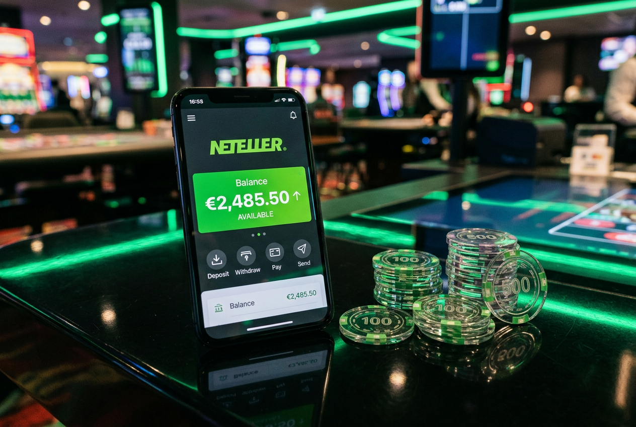 Mobilní telefon se zobrazenou digitální peněženkou Neteller vedle kasinových žetonů na tmavém elegantním pozadí.